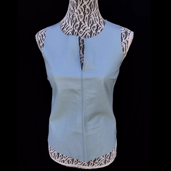 PJK Blue Leather Sleeveless Zipper Back Top - Picture 1 of 5